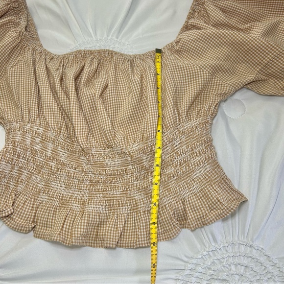 Japna Tan Check Puff Sleeve Elastic Waist Praire Cottagecore Off Shoulder Top L - Picture 11 of 14